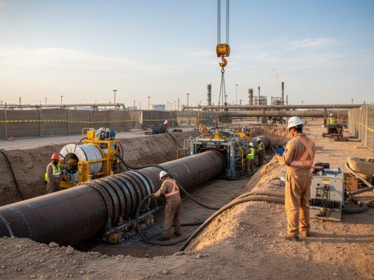 Industrial oil and gas pipeline rehabilitation with workers in PPE in a trench, operating repair equipment on a large steel pipe under daylight.
