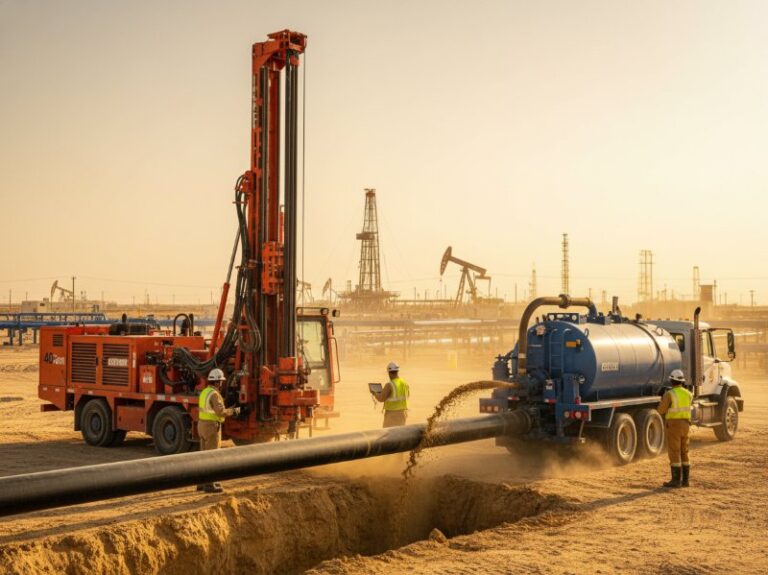 An orange horizontal directional drilling rig and a blue mud truck install a pipeline in a dusty oil field, overseen by workers in golden hour light.