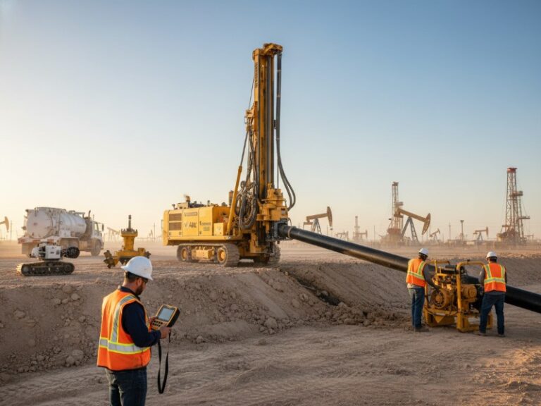 Workers laying down a large pipeline in a dusty oilfield, surrounded by heavy machinery and oil derricks.
