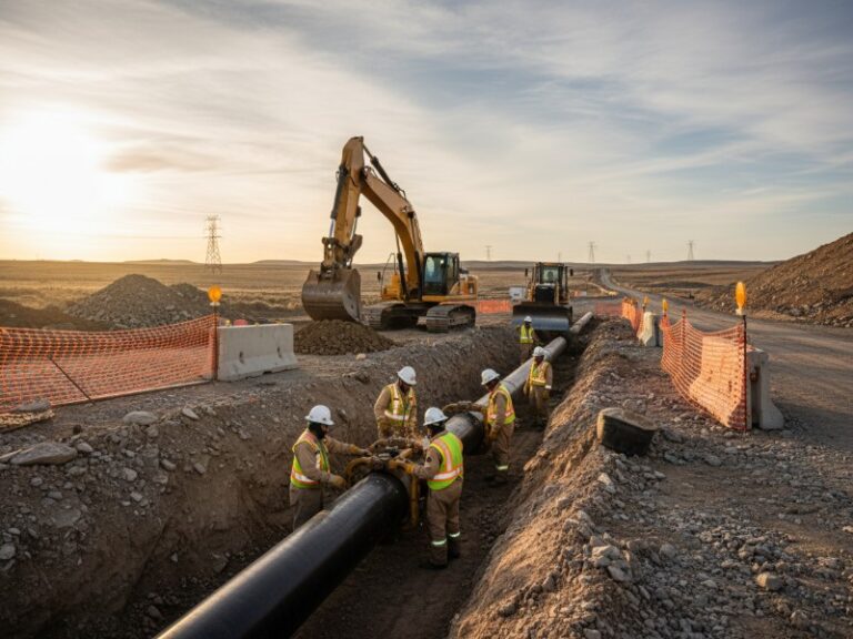 Construction workers in safety gear install a large black pipeline in a wide desert trench. Heavy machinery and safety barriers are visible at the active worksite.