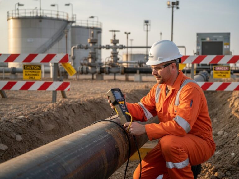 Field engineer in orange coveralls inspecting a large exposed carbon steel pipeline using an ultrasonic thickness gauge at an industrial oil and gas site.