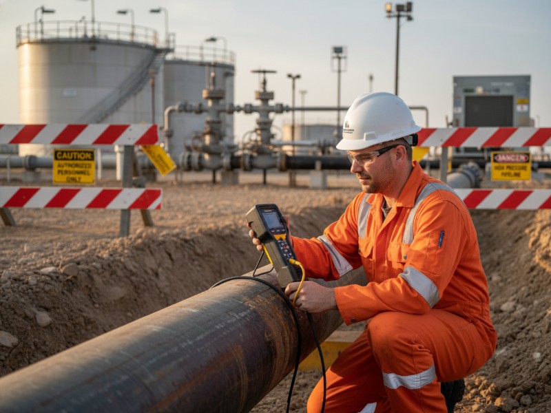 Field engineer in orange coveralls inspecting a large exposed carbon steel pipeline using an ultrasonic thickness gauge at an industrial oil and gas site.
