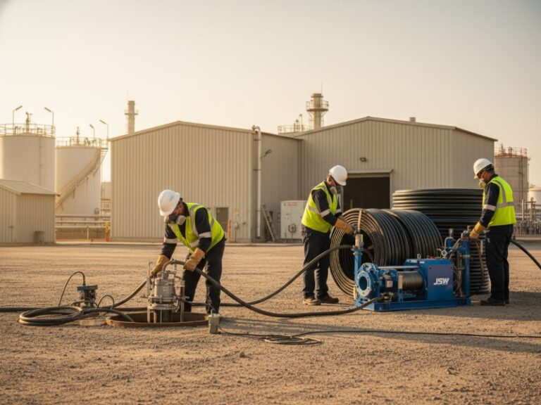Technicians in PPE conduct oil and gas pipeline rehabilitation with JSW pipe bursting and SIPP spray rig equipment on a gravel industrial site.