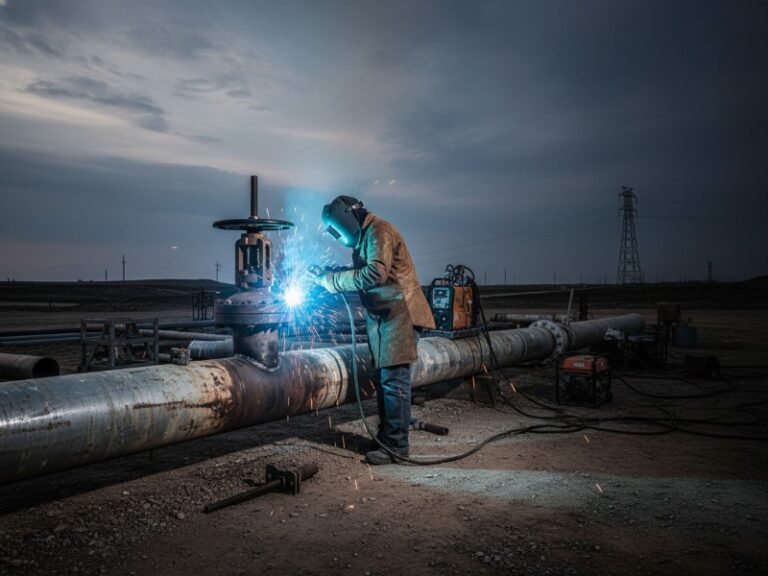 A certified welder in protective gear performs a hot tapping operation on a large natural gas pipeline, with bright sparks illuminating the industrial field at dusk.