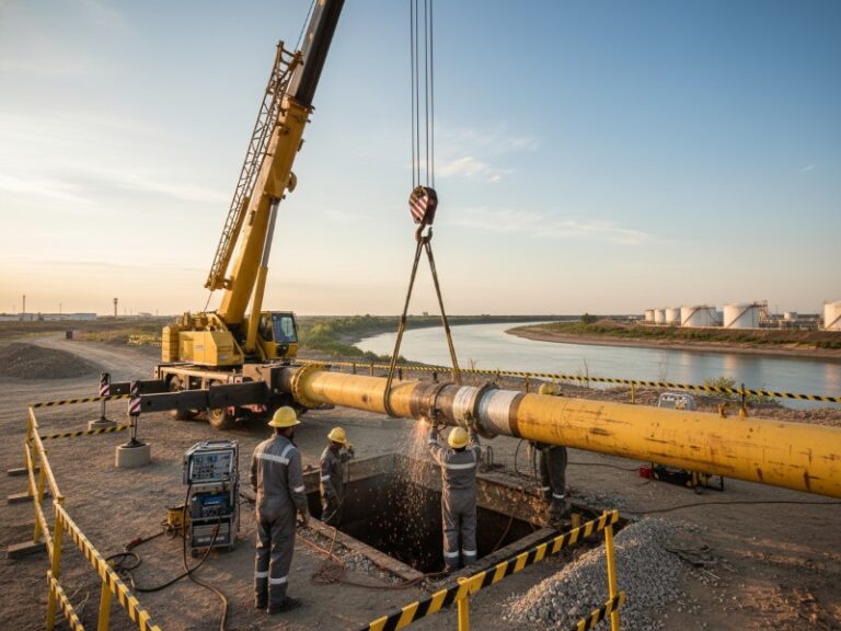 Workers performing pipeline welding using a crane at an industrial site near a river and storage tanks.