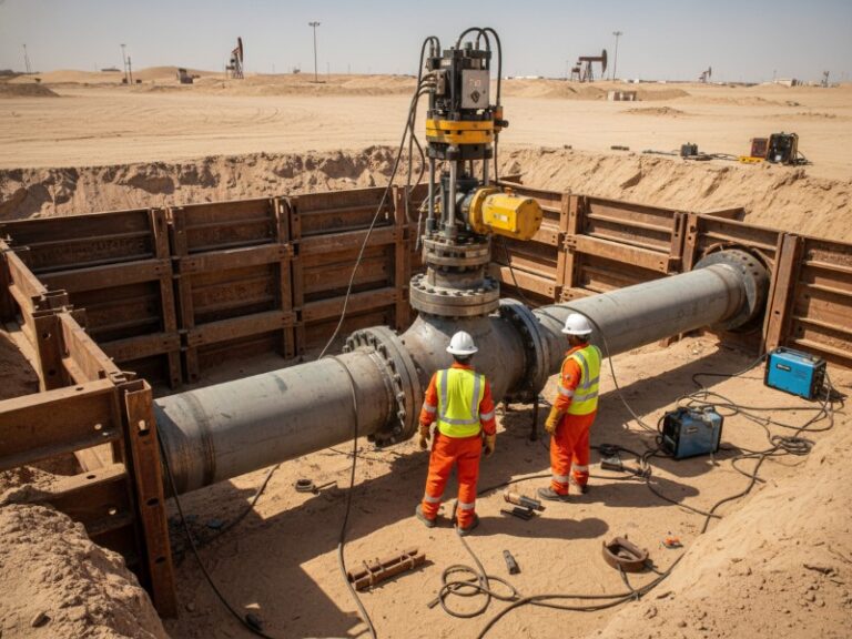 Two field engineers perform hot tapping on a large steel pipeline within a trench, surrounded by industrial equipment at a sunny desert oilfield site.