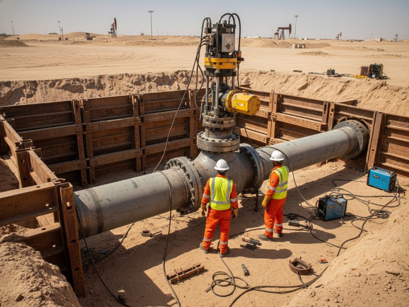 Two field engineers perform hot tapping on a large steel pipeline within a trench, surrounded by industrial equipment at a sunny desert oilfield site.