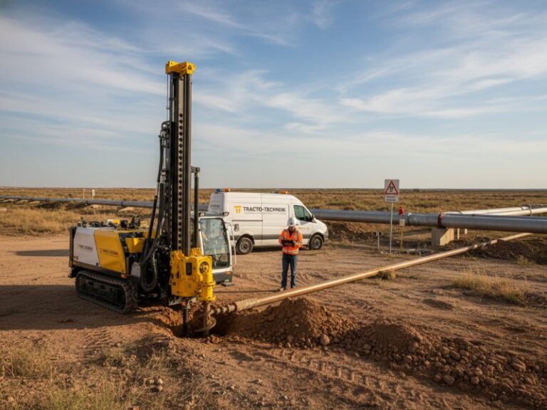 Yellow and white TRACTO-TECHNIK HDD drill rig drilling in a desert landscape near oil pipelines. An engineer monitors data beside a service van.