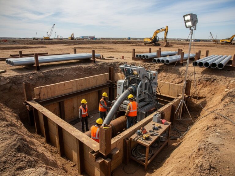 Workers in safety gear performing trenchless oil pipeline rehabilitation in a deep access pit at an industrial construction site under a bright sky.
