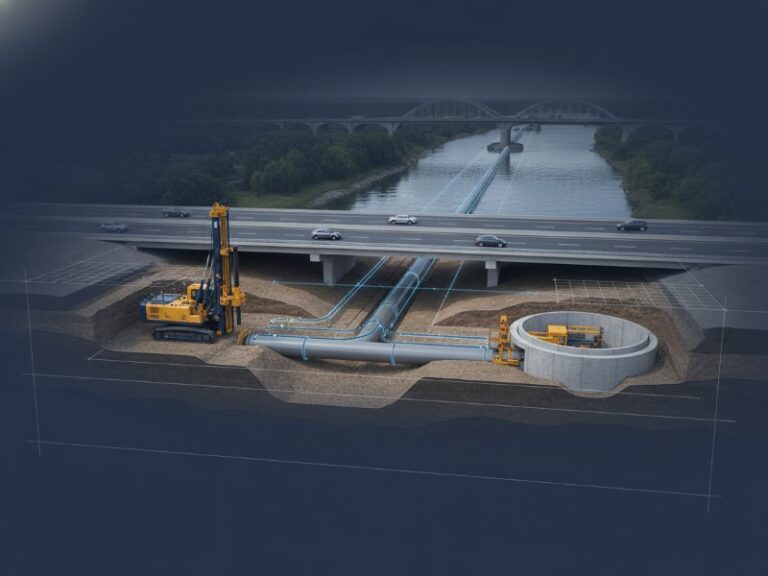 A 3D illustration showing a complex underground pipe installation system beneath a highway and river, featuring drilling equipment and large pipes.