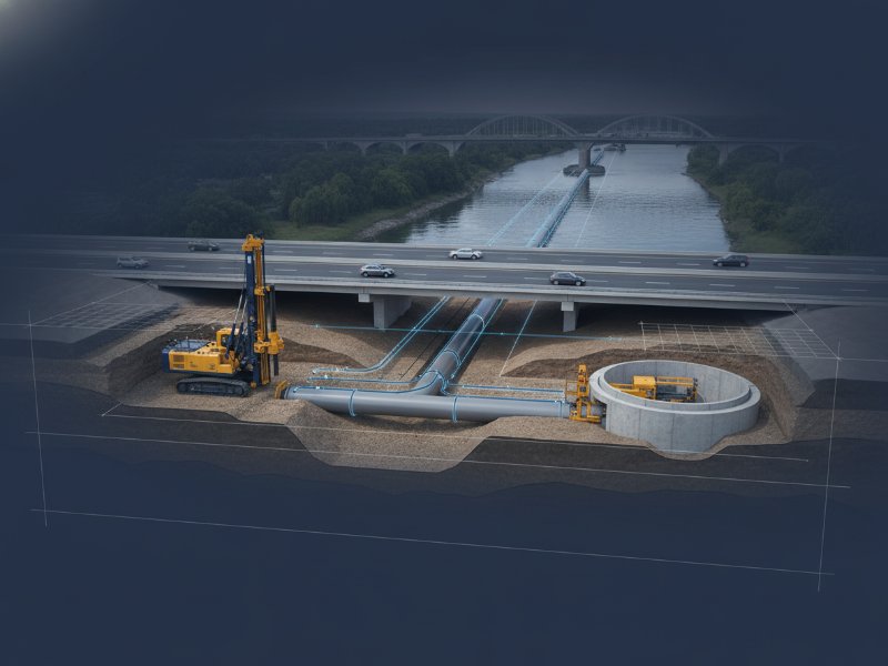 A 3D illustration showing a complex underground pipe installation system beneath a highway and river, featuring drilling equipment and large pipes.