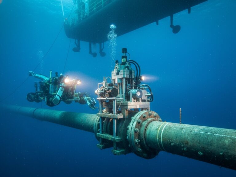 An ROV operates on a subsea pipeline's hot tap clamp in deep blue water. A ship's hull is overhead, with work lights illuminating the industrial scene.