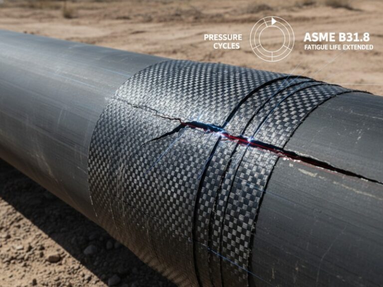 Cracked oil and gas pipeline segment in a desert, reinforced with a dark woven carbon fiber composite wrap. Graphics highlight extended fatigue life under ASME B31.8.