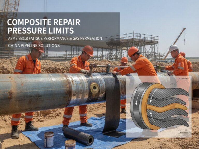 Construction site scene with engineers applying a composite wrap to a large steel pipeline. A technical diagram overlay shows composite repair layers, hoop stress, and load transfer.