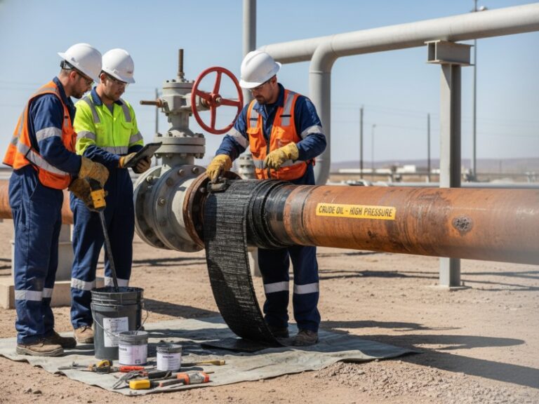 Three technicians in hard hats and reflective gear perform a composite wrap repair on a rusted crude oil pipeline in an outdoor industrial setting with tools.