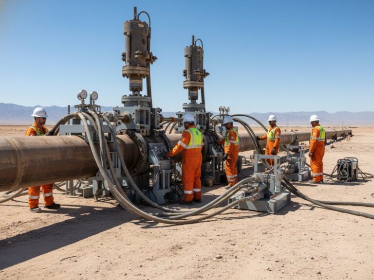 Professional industrial field operation on a large steel oil and gas pipeline in a remote desert, with technicians performing line stopping and hot tapping.