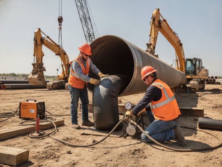 Two workers insert a deflated black inflatable pipe plug into a large steel pipeline at an active oil and gas construction site.