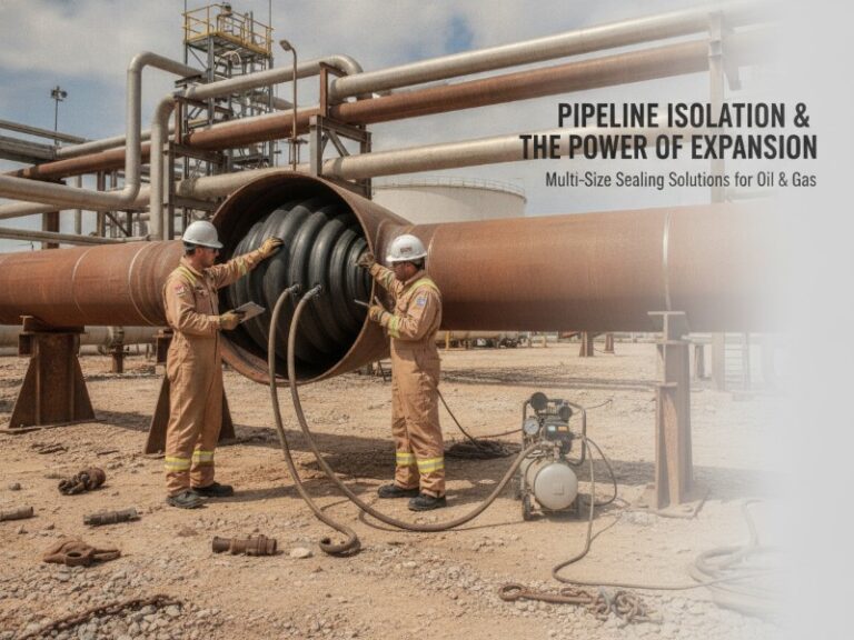 Two workers in hard hats and coveralls inspecting a black inflatable pipe plug inside a large rusted steel pipeline at an oil and gas facility.