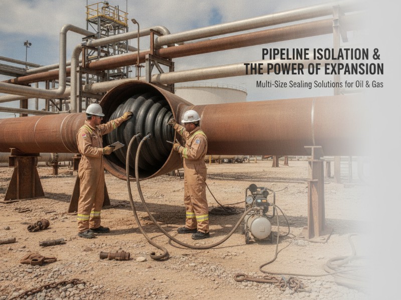 Two workers in hard hats and coveralls inspecting a black inflatable pipe plug inside a large rusted steel pipeline at an oil and gas facility.