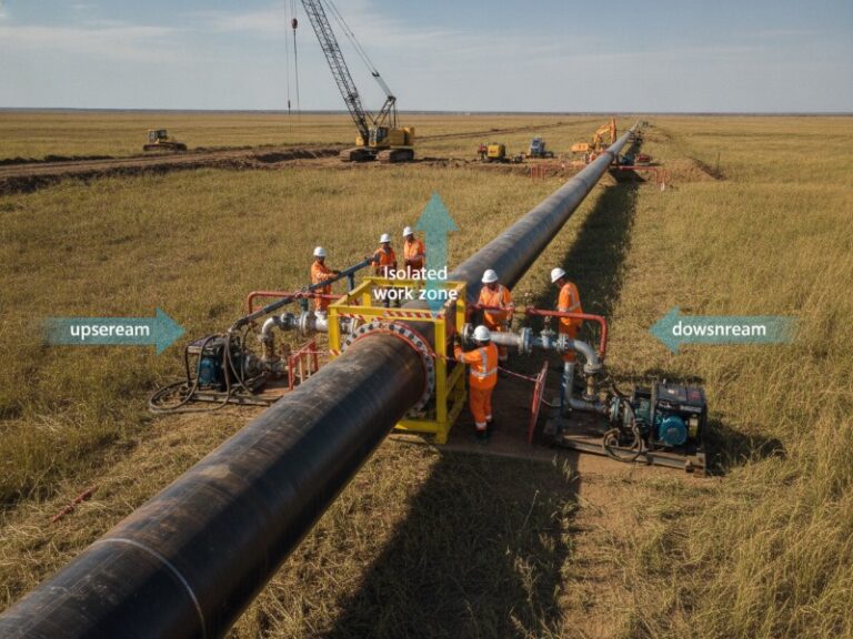 Workers in orange safety vests operate flow control on a large-diameter steel pipeline in a remote grassland, with temporary bypass lines and construction cranes visible.