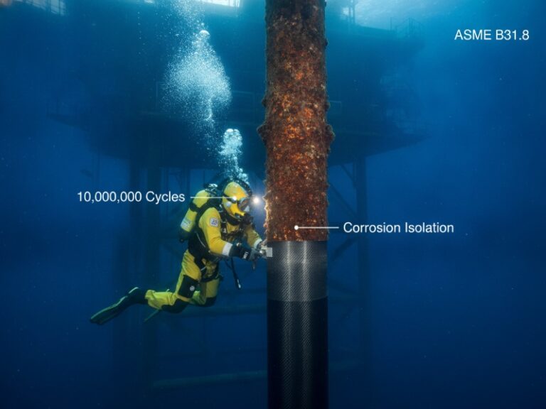 A diver in a yellow suit applies a carbon fiber composite wrap to a corroded offshore riser underwater for corrosion isolation near an oil platform.