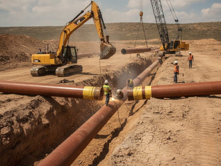 Workers weld large diameter oil and gas pipelines in a deep trench on a dusty, remote construction site, with an excavator and crane operating.