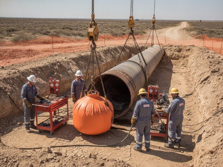 Four pipeline technicians in PPE work on a large steel gas pipeline in a dusty desert trench. An orange inflatable plug is lowered for remote field maintenance.