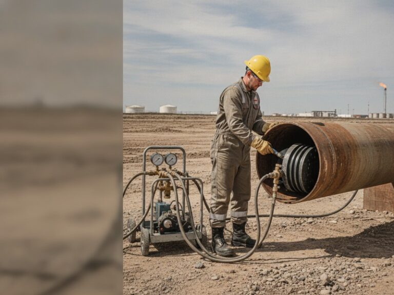 A worker in a yellow hard hat and coveralls performs pressure testing on a large rusty oil and gas pipeline in an industrial field.