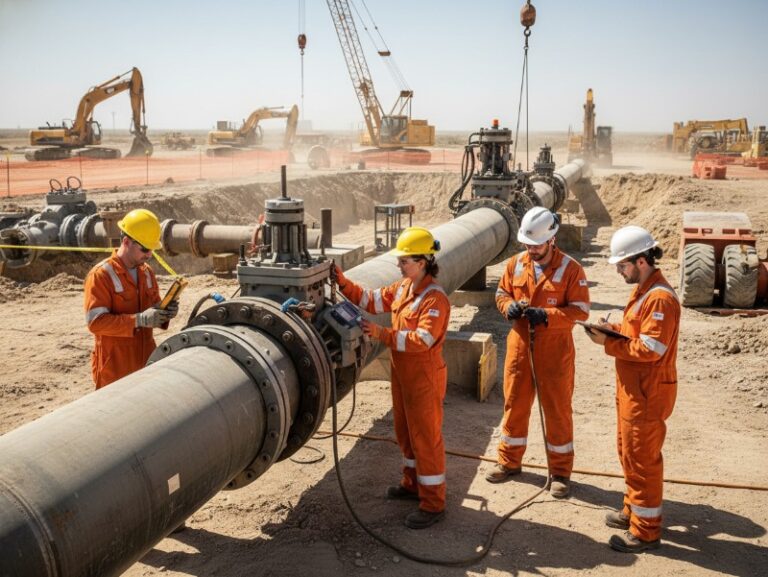 Engineering technicians in safety gear inspect a large steel oil and gas pipeline with field instruments at a dusty construction site featuring excavators.