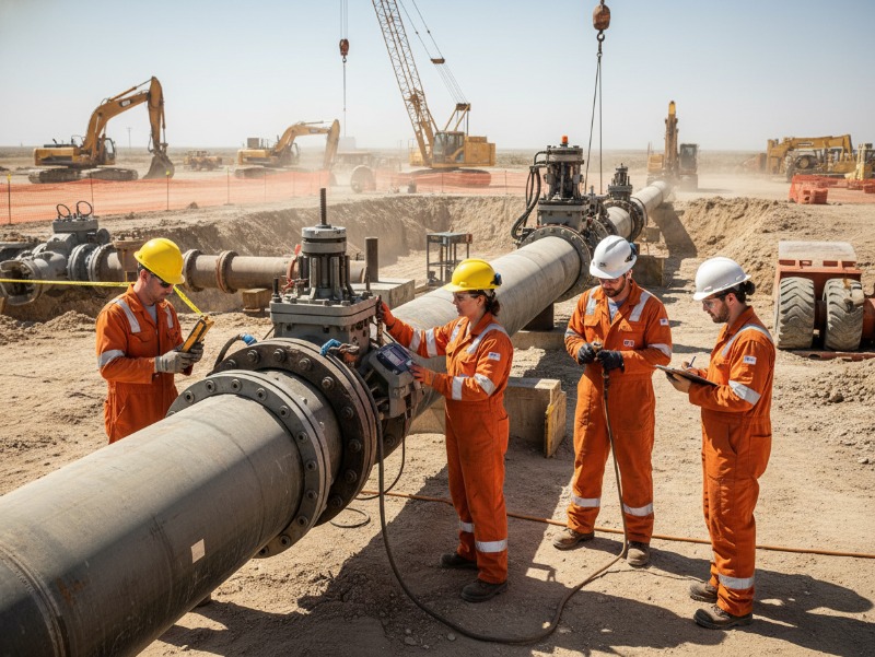 Engineering technicians in safety gear inspect a large steel oil and gas pipeline with field instruments at a dusty construction site featuring excavators.