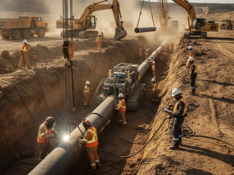 Field crew in PPE welds and installs a steel oil and gas pipeline in a dusty trench. Heavy machinery operates at the industrial construction site.