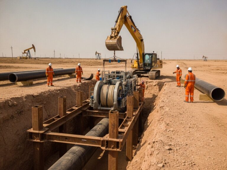 Workers in orange PPE installing large black pipeline sections in a desert oilfield, with an excavator and trenchless rehabilitation equipment in an open trench.