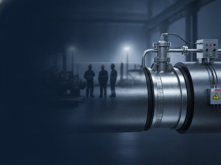 Detailed steel pipeline featuring an expanded plug, hot tap fitting, and bypass valve, in an industrial setting with blurred maintenance crew silhouettes.