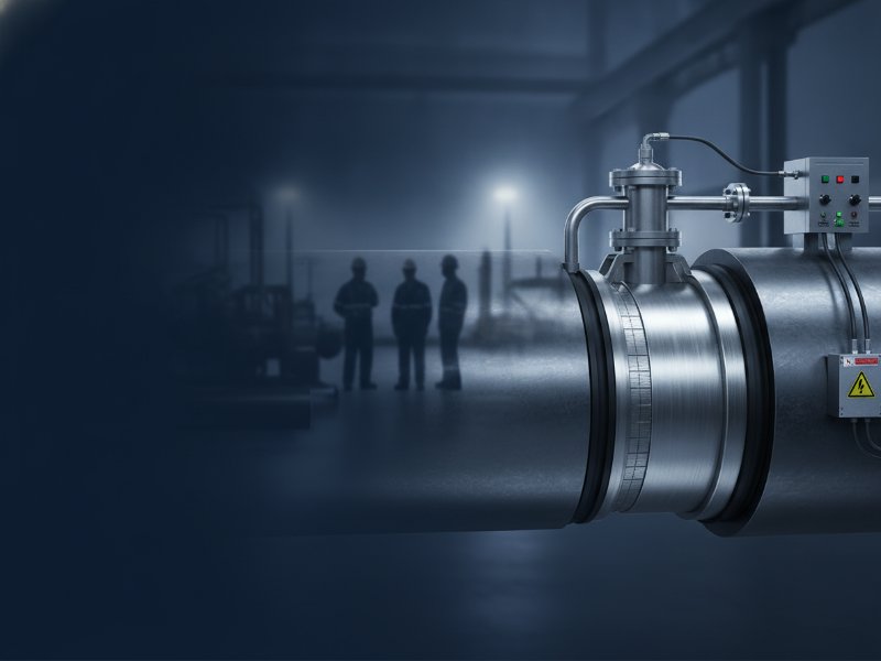 Detailed steel pipeline featuring an expanded plug, hot tap fitting, and bypass valve, in an industrial setting with blurred maintenance crew silhouettes.