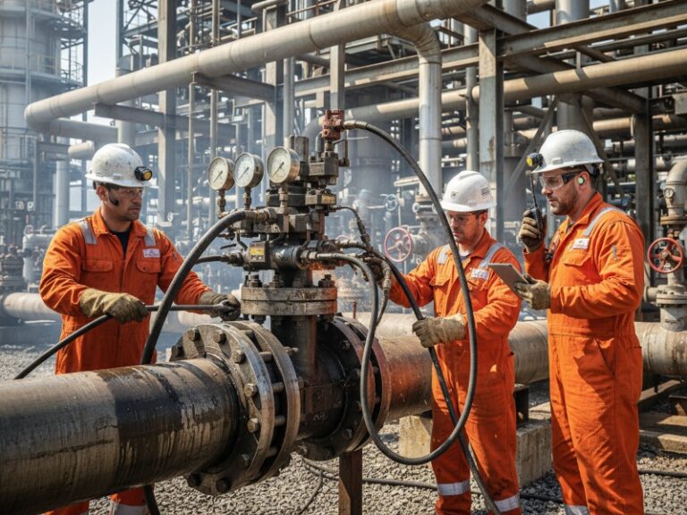 Three pipeline engineers in orange safety coveralls, hard hats, and gloves conducting maintenance on a large industrial steel pipeline with gauges.