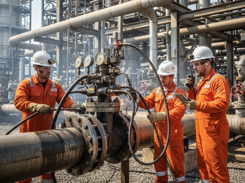 Three pipeline engineers in orange safety coveralls, hard hats, and gloves conducting maintenance on a large industrial steel pipeline with gauges.