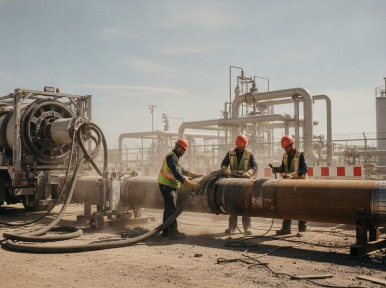 Three workers in hard hats and safety vests perform trenchless rehabilitation on a large steel pipeline at an oil and gas industrial site.