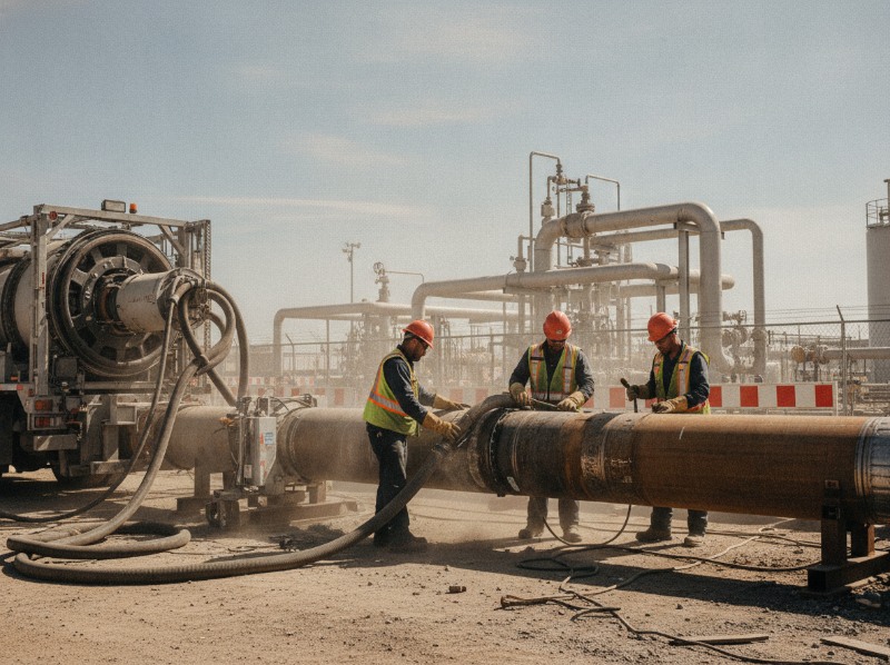Three workers in hard hats and safety vests perform trenchless rehabilitation on a large steel pipeline at an oil and gas industrial site.