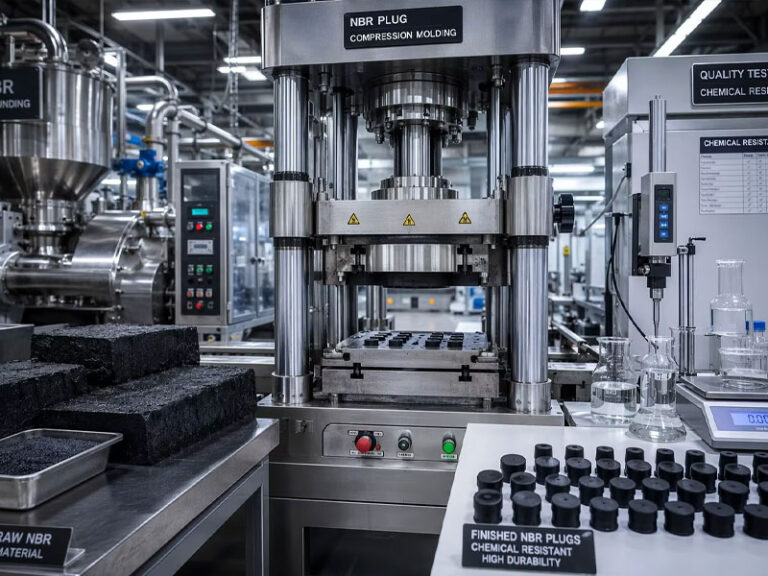 Chemical resistant nitrile rubber plug manufacturing process including NBR compounding molding and quality testing
