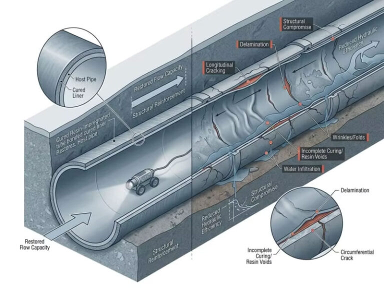 CIPP liner failure analysis showing cracks, delamination, wrinkles and defects inside underground pipeline