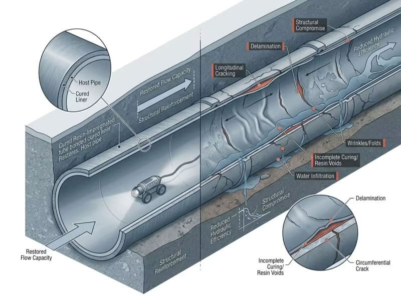 CIPP liner failure analysis showing cracks, delamination, wrinkles and defects inside underground pipeline