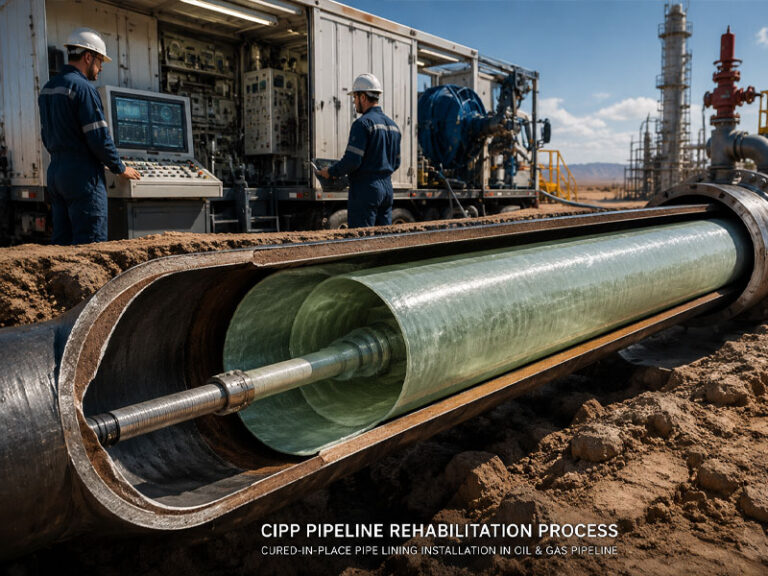 CIPP pipeline rehabilitation process showing cured-in-place pipe liner installation inside a steel oil and gas pipeline with engineers monitoring equipment in an industrial field environment.