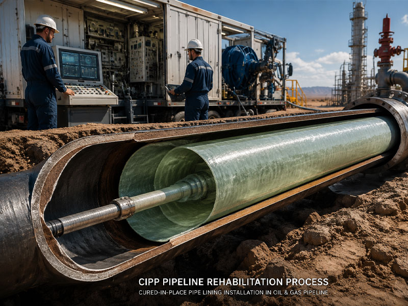 CIPP pipeline rehabilitation process showing cured-in-place pipe liner installation inside a steel oil and gas pipeline with engineers monitoring equipment in an industrial field environment.