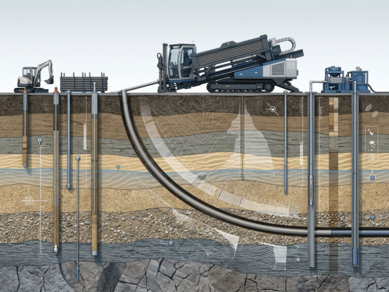 Engineering illustration of horizontal directional drilling geotechnical investigation showing an HDD rig, underground pipeline bore trajectory, clay, sand, gravel and rock layers, CPT testing, soil borings, groundwater table, and monitoring instruments.