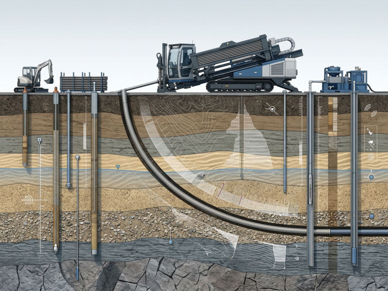 Engineering illustration of horizontal directional drilling geotechnical investigation showing an HDD rig, underground pipeline bore trajectory, clay, sand, gravel and rock layers, CPT testing, soil borings, groundwater table, and monitoring instruments.
