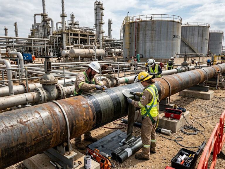 A group of technicians and engineers in full PPE perform a composite wrap repair on a large-diameter steel pipeline within a highly detailed oil and gas facility, featuring complex refinery structures and storage tanks in the background.