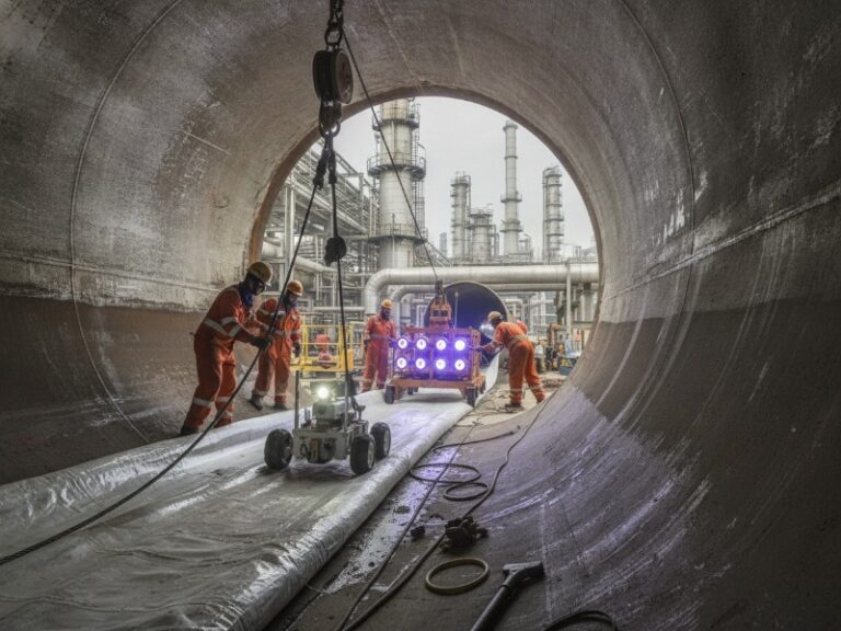 industrial pipeline rehabilitation large diameter uv curing refinery background