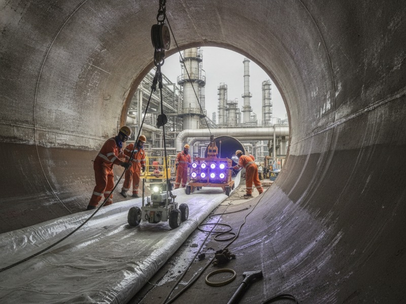 industrial pipeline rehabilitation large diameter uv curing refinery background
