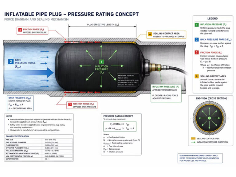 Technical CAD engineering diagram of an inflatable pipe plug inside a pipeline, showing force vectors for inflation pressure, back pressure, and friction resistance.