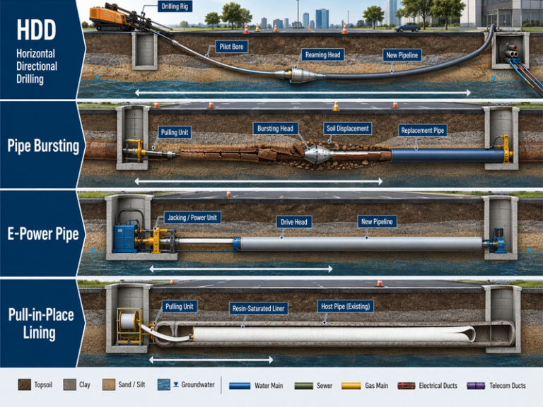 Engineering infographic comparing pulling-distance concepts for HDD, pipe bursting, E-Power Pipe, and pull-in-place lining in underground pipelines